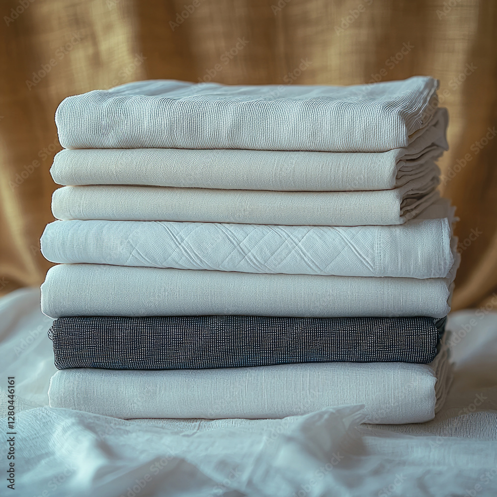 Poster neatly folded clothes. stack of colorful perfectly folded clothing items.