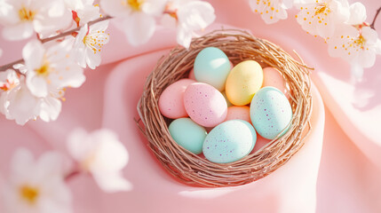 Fototapeta premium Easter pastel speckled eggs in nest with spring flowers on pink fabric