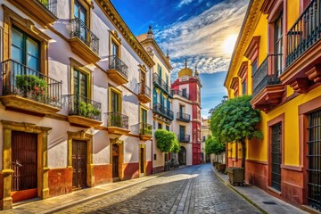 Fototapeta premium Historic Seville's narrow streets, traditional houses, and orange trees create a picturesque Spanish streetscape, beautifully photographed.