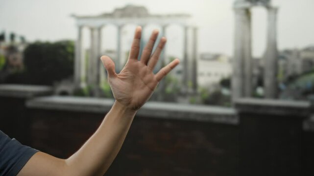 Man hand gesturing in front of ancient parthenon architecture in athens greece showcasing fingers and thumb with a blurred acropolis backdrop outdoors.