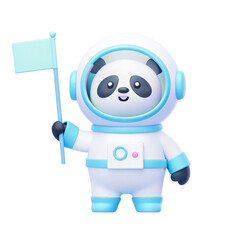 Cute panda in an astronaut suit holding a light blue flag.