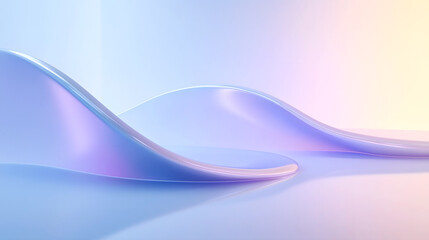 Obraz premium Smooth, abstract, wave-like shapes with a glossy surface, illuminated by soft pastel lighting in shades of blue, purple, and yellow.