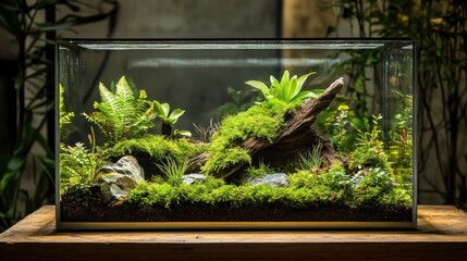 Miniature Ecosystem, A Lush Terrarium Displaying Biodiversity and Tranquility