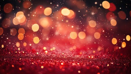 Soft glowing bokeh lights and shimmering particles against a festive red background perfect for holiday celebrations and joyful occasions