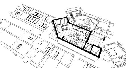 architecture sketch of a residential building 3d