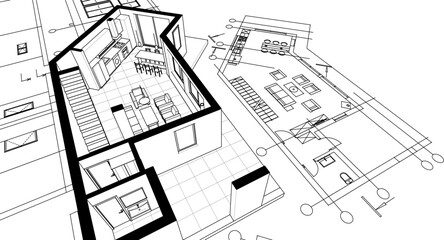 Fototapeta premium architecture sketch of a residential building 3d