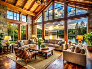 Fototapeta premium Lakeside cottage with panoramic views; rustic charm and cozy interior create a tranquil escape.