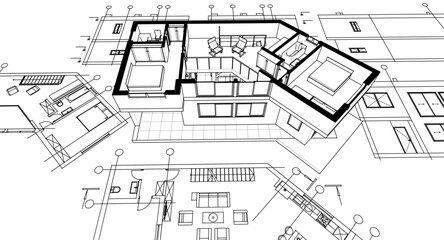 architecture sketch of a residential building 3d
