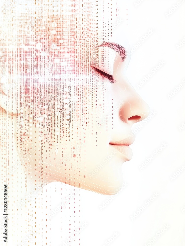 Aufkleber Human face outline transforms into flowing binary code representing futuristic AI concepts. Generative AI