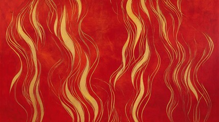 A rich red background with soft, abstract golden flame patterns