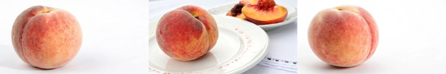 Fototapeta premium A ripe peach displayed prominently with sliced peaches on a plate beside it.