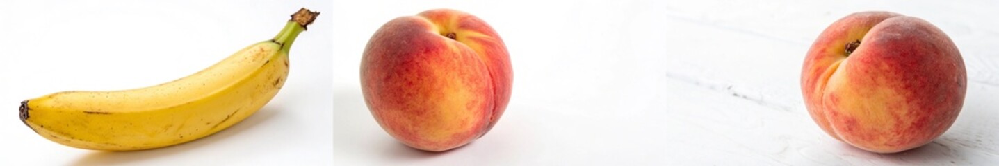 Fototapeta premium A single banana alongside fresh peaches, highlighting their vibrant colors and textures.