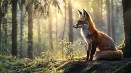 Fototapeta premium Red Fox in a Sunlit Forest