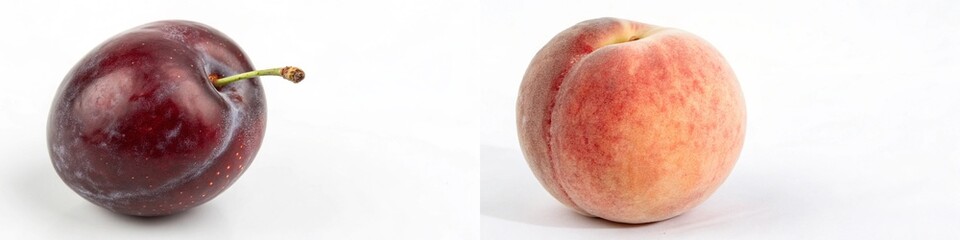 Fototapeta premium A single plum and a peach side by side, emphasizing their natural beauty.