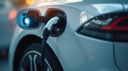 Naklejka premium Modern Electric Car Charging at a Sleek Charging Station