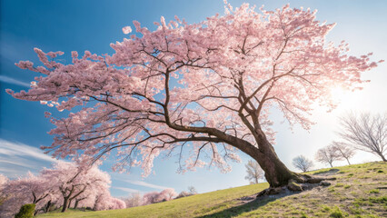 Cherry blossom tree in full bloom against a bright blue sky