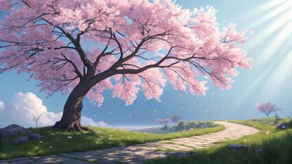 Cherry blossom tree in full bloom against a bright blue sky