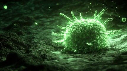 Fototapeta premium Glowing Microbe: An artistically rendered, macro-level exploration of a vibrant, luminous microbe, radiating a sense of advanced science and biological intricacy.