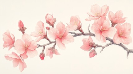 A delicate illustration of pink cherry blossom flowers on a branch against a soft background.