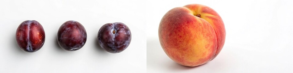 Fototapeta premium A trio of plums alongside a peach, emphasizing their vibrant colors and freshness.