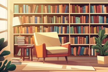 Sunlit library with armchair, bookshelves, and plants.