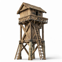 Obraz premium Medieval wooden watchtower structure with ladders and stone base