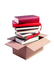 Used second-hand books in a box ready for donation isolated, minimal style still life. Concept of books donations, educational charity