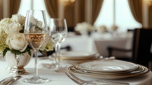 A chic dining room with interior vintage tableware, elegant materials.