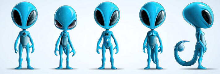Alien Characters in a Row: A captivating collection of vibrant blue alien characters, each with distinctive features and poses, arranged in a visually appealing row, inviting curiosity and wonder.