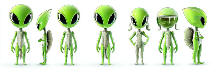 Alien Invasion: A playful gathering of adorable green extraterrestrials. The aliens with big eyes stand side by side. They exude curiosity, whimsy, and a touch of mystery. 