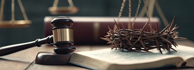 Judgment Day, legal gavel, crown of thorns, justice scales