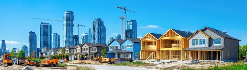 Obraz premium Newly Framed Houses in a Suburban Neighborhood Ready for Modern Living and Family Comfort