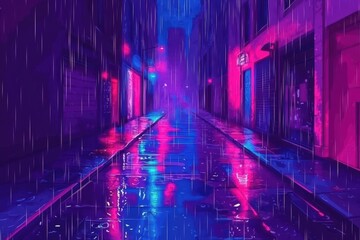 Obraz premium Neon Reflection in a Rainy Alleyway at Nighttime