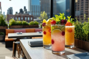 Alcohol consumption at a bustling rooftop brunch with colorful spritzers, chic seating, and sunny urban views. Featuring vibrancy and leisure