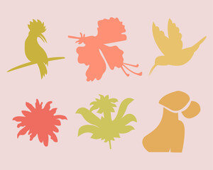 Summer botanical set with abstract floral design elements. Tropical Silhouettes of Birds, flowers, plants and woman figure enjoying sunset on nature. Abstract shapes leaves flat art. Isolated. Vector
