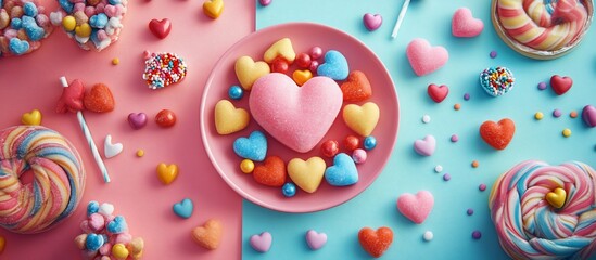 Sweet heart-shaped candies and colorful treats on pink and blue background.
