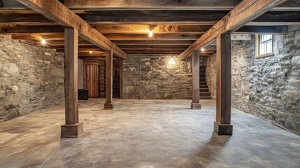 Rustic stone basement with wooden beams, creating a versatile space