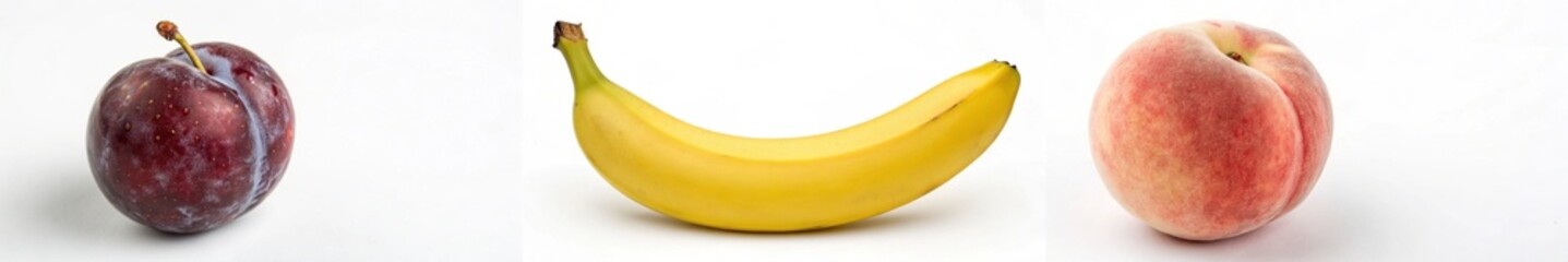 Fototapeta premium An enticing trio of plums, bananas, and peaches, emphasizing freshness and vibrant colors.