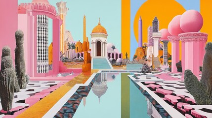 Obraz premium Surreal landscape features architectural wonders cacti and reflecting pool