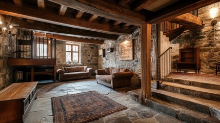 Rustic living room with exposed beams and stone walls creates a cozy ambiance