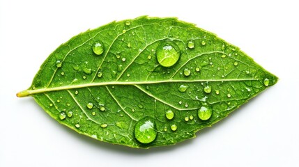 Close-up of a dewdrop on a leaf, captured with clarity and precision, set against a white background for easy integration into designs