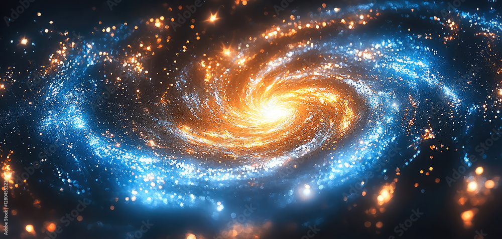 Poster a close-up of the golden spiral galaxy, its bright stars creating an enchanting and cosmic backgroun