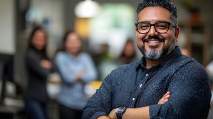 Confident and cheerful entrepreneur with arms crossed standing in a blurred office environment with team members emphasizing the focus on the business leader and their leadership role