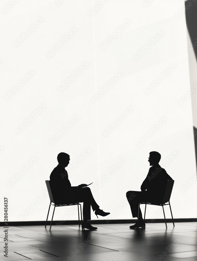 Aufkleber negotiation between two silhouetted figures in a minimalist office space during daylight hours. gene