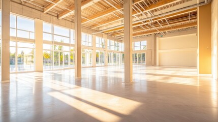 Fototapeta premium Sunlit spacious warehouse interior awaiting renovation