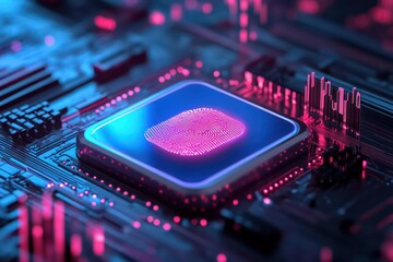 A virtual digital wallet with Bitcoin stored securely on a blockchain network, protected by biometric fingerprint security.