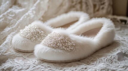 Elegant White Fur Slippers with Pearl Embellishments