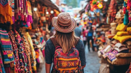 Fototapeta premium Wandering through vibrant stalls, A traveler's immersion in a cultural bazaar
