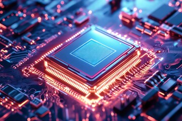 A visual of a microchip with built-in cybersecurity features, surrounded by a protective digital barrier, representing advanced security technology.