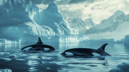 Fototapeta premium Two Orcas Swimming in Icy Arctic Waters